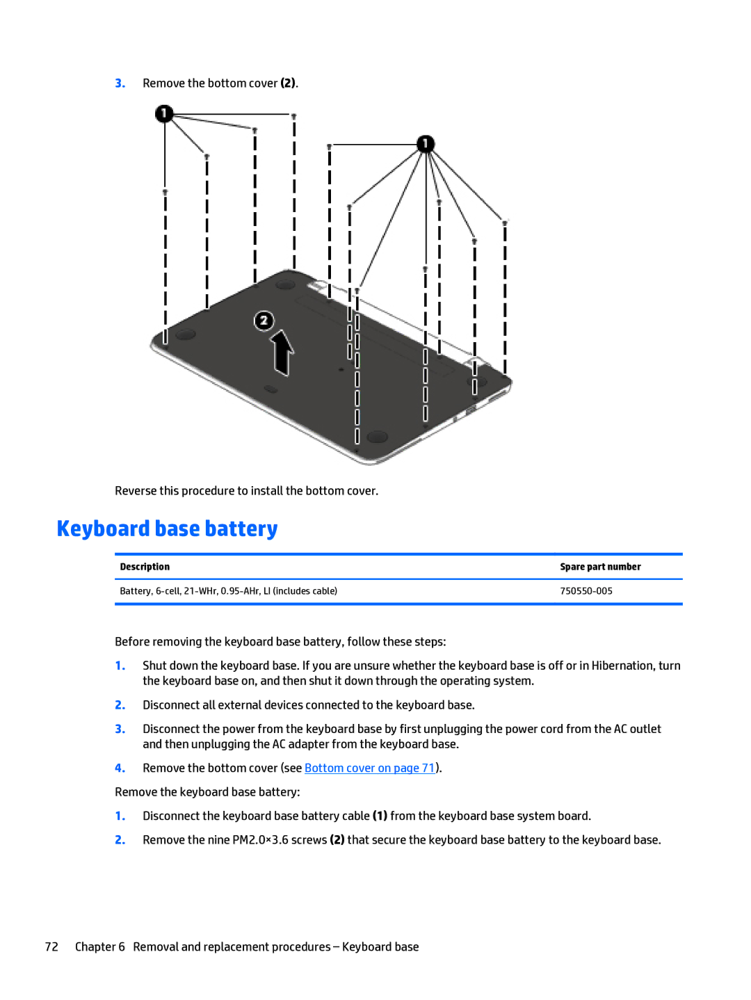 HP x2 1011 G1 manual Keyboard base battery 