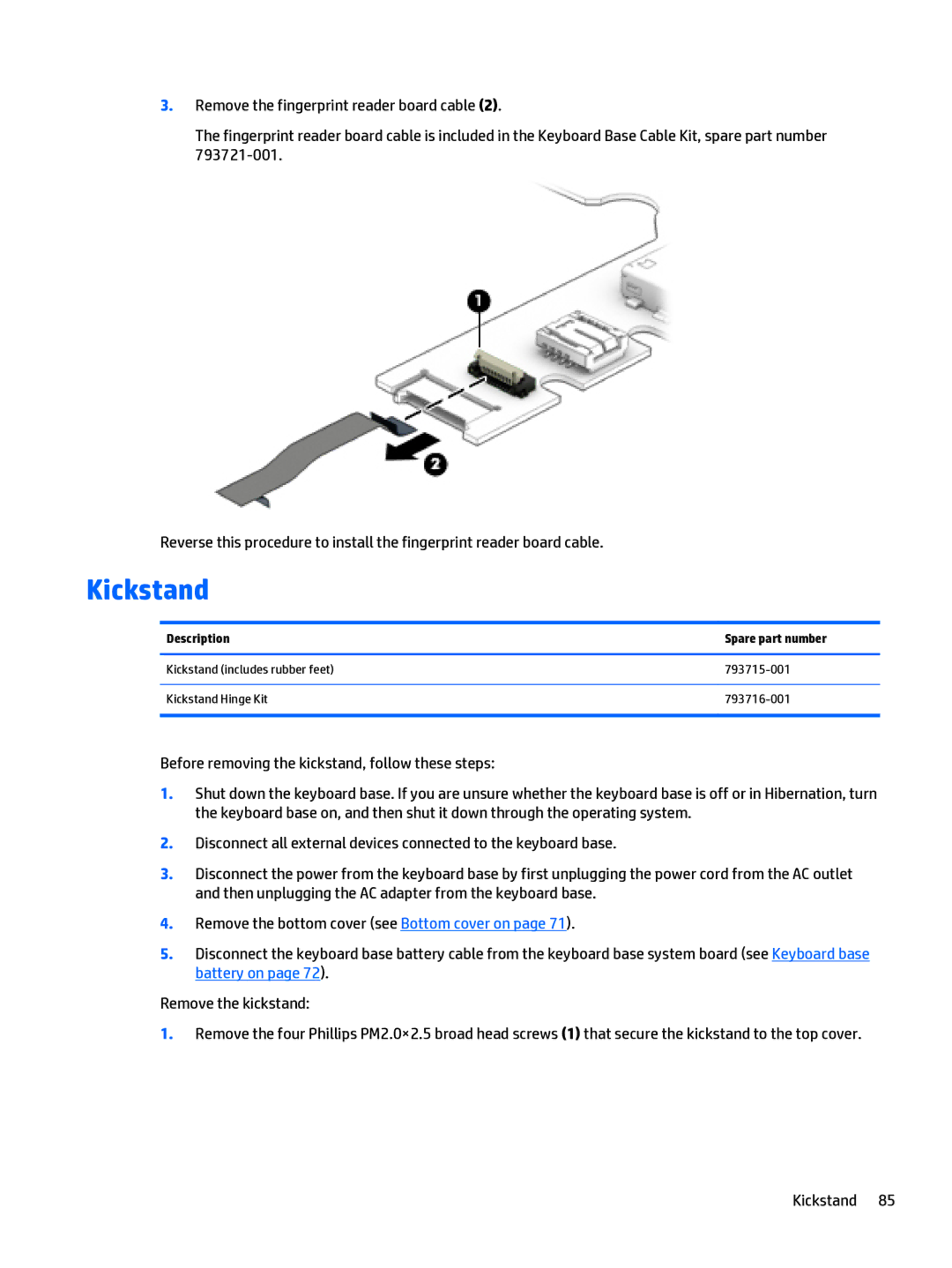 HP x2 1011 G1 manual Kickstand, Description Spare part number 