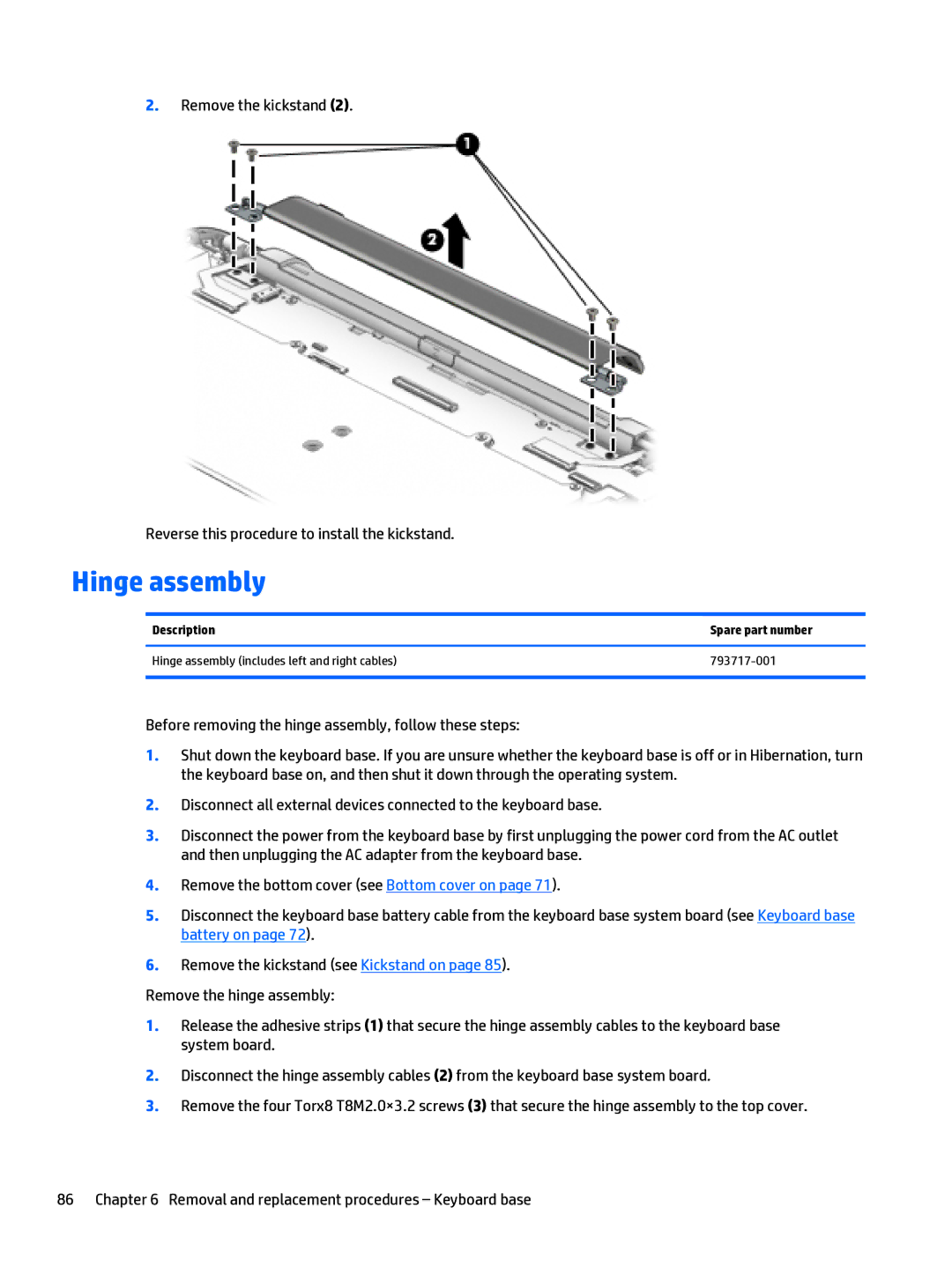 HP x2 1011 G1 manual Hinge assembly 