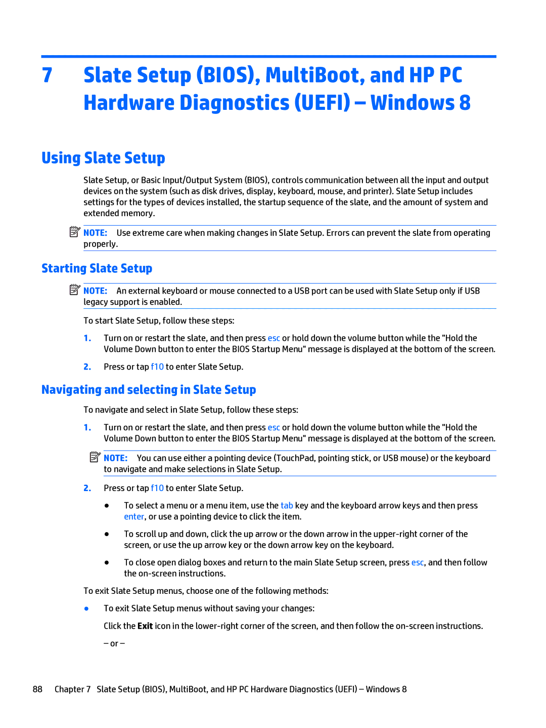 HP x2 1011 G1 manual Using Slate Setup, Starting Slate Setup, Navigating and selecting in Slate Setup 