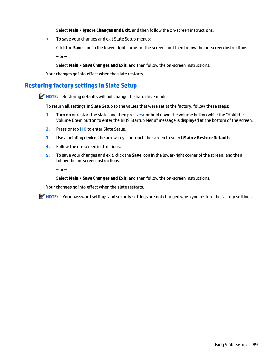 HP x2 1011 G1 manual Restoring factory settings in Slate Setup 