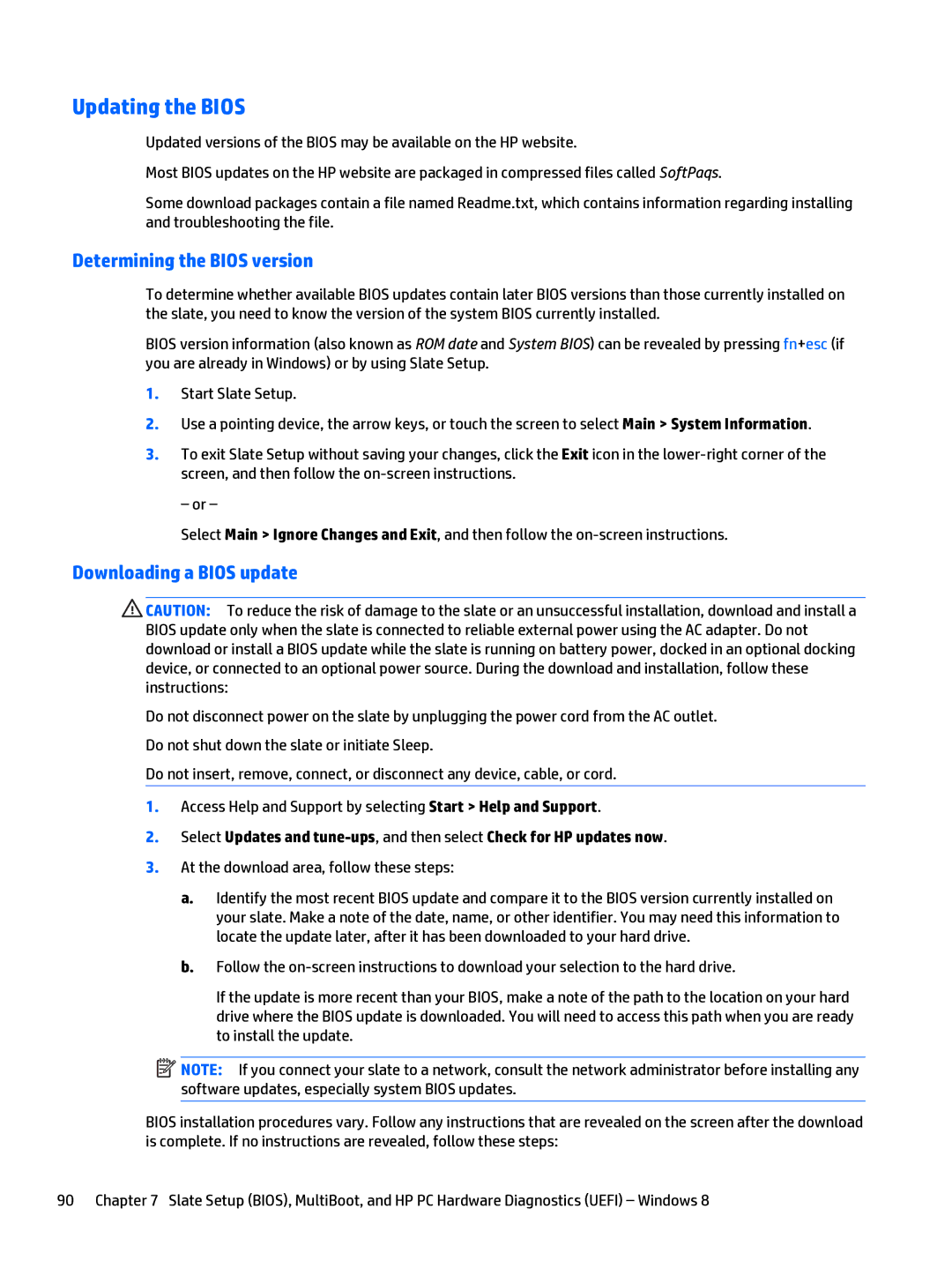 HP x2 1011 G1 manual Updating the Bios, Determining the Bios version 