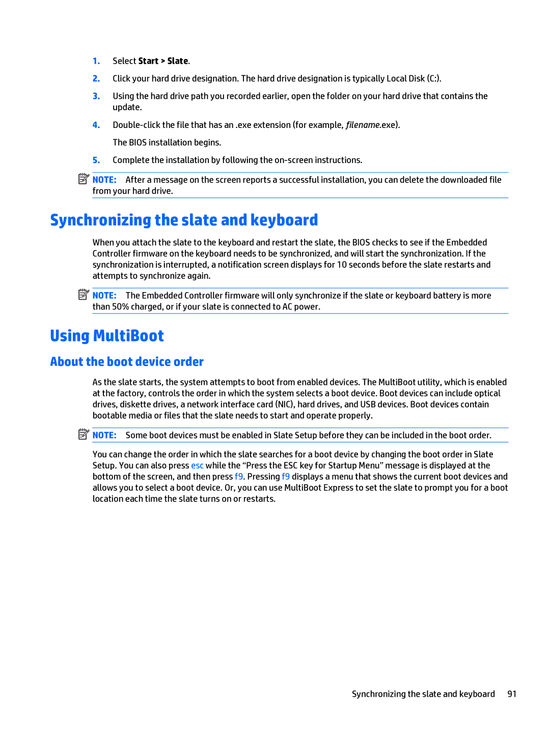 HP x2 1011 G1 manual Synchronizing the slate and keyboard, Using MultiBoot, About the boot device order 