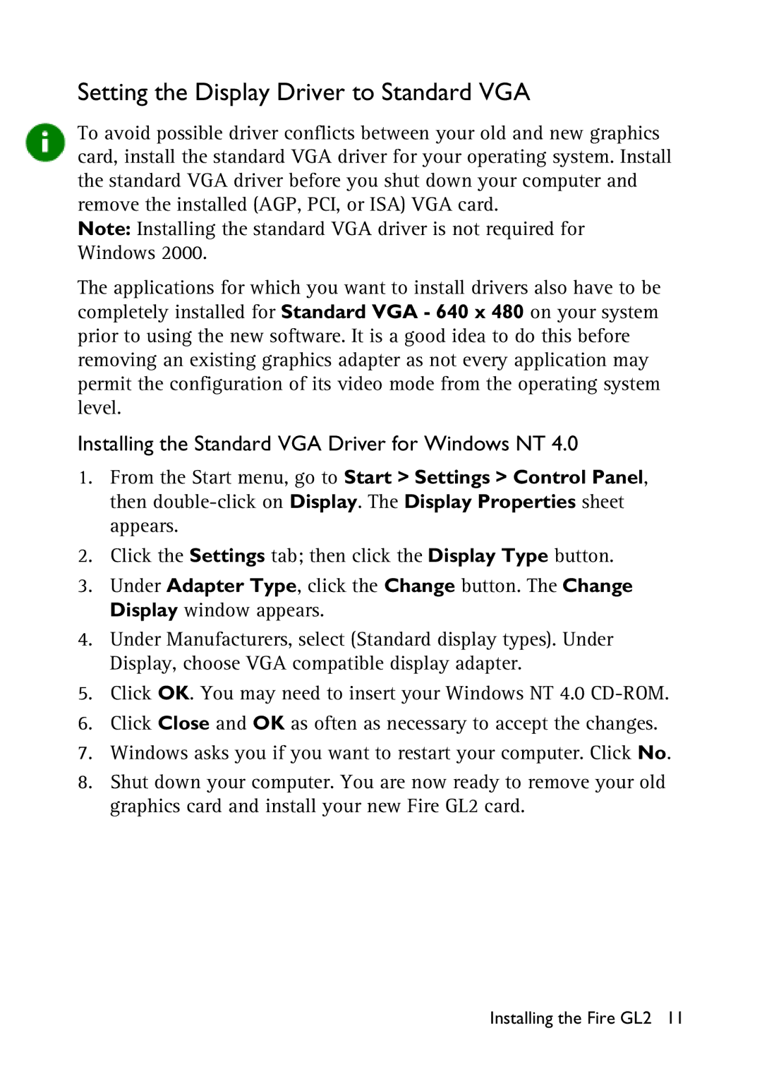 HP x2100 manual Setting the Display Driver to Standard VGA, Installing the Standard VGA Driver for Windows NT 