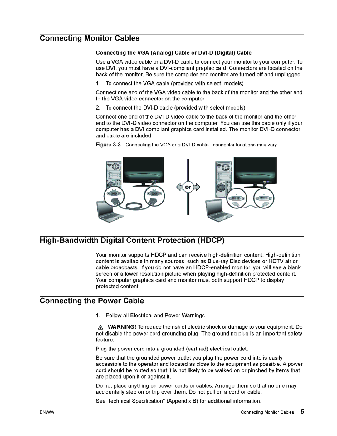 HP X22C, X23 manual Connecting Monitor Cables, High-Bandwidth Digital Content Protection Hdcp, Connecting the Power Cable 