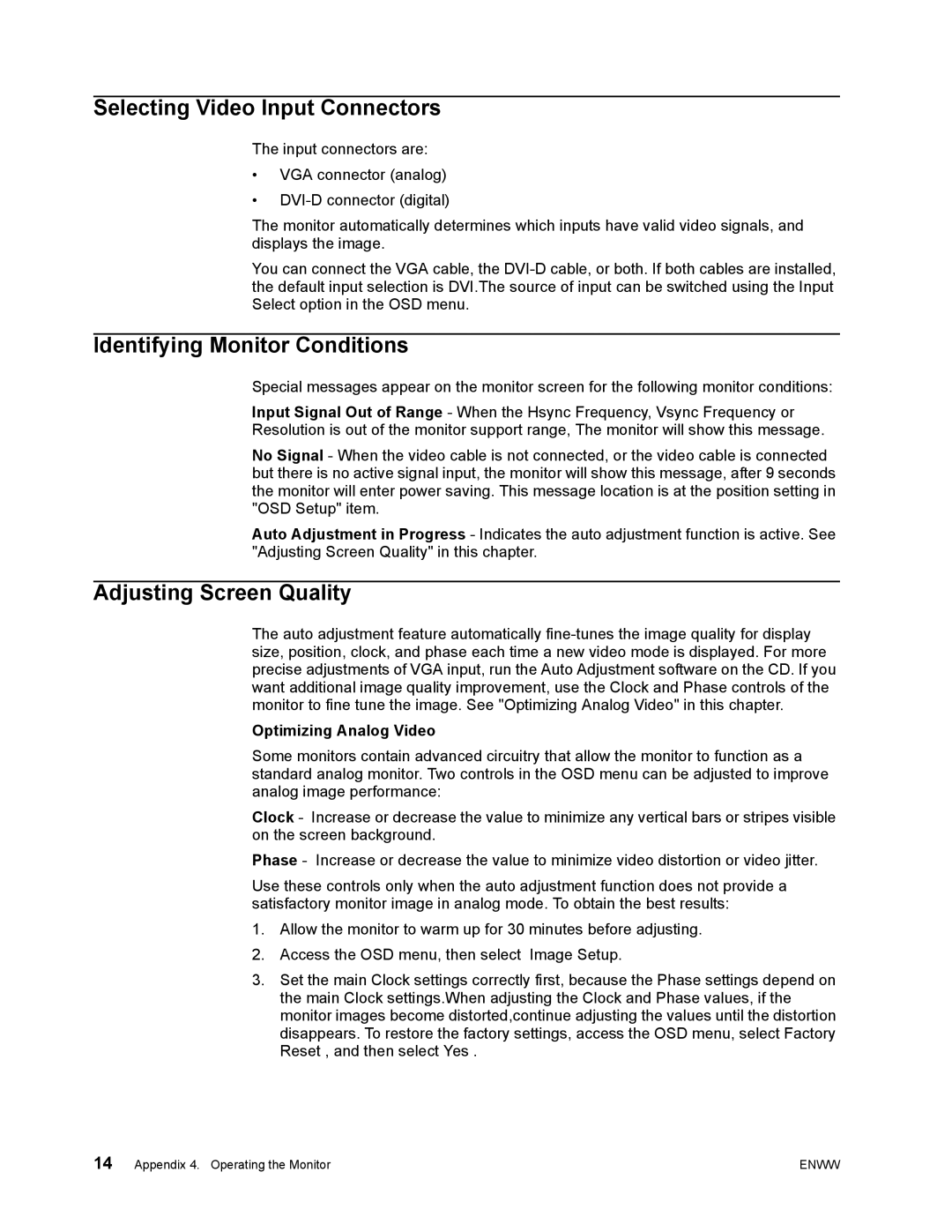 HP X23 Selecting Video Input Connectors, Identifying Monitor Conditions, Adjusting Screen Quality, Optimizing Analog Video 