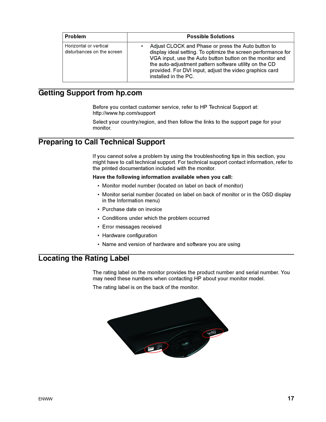 HP X22C, X23 manual Getting Support from hp.com, Preparing to Call Technical Support, Locating the Rating Label 