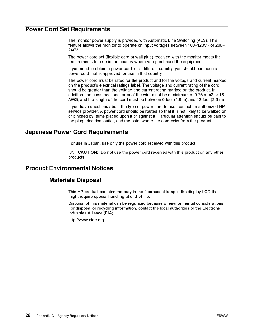 HP X23 Power Cord Set Requirements, Japanese Power Cord Requirements, Product Environmental Notices Materials Disposal 