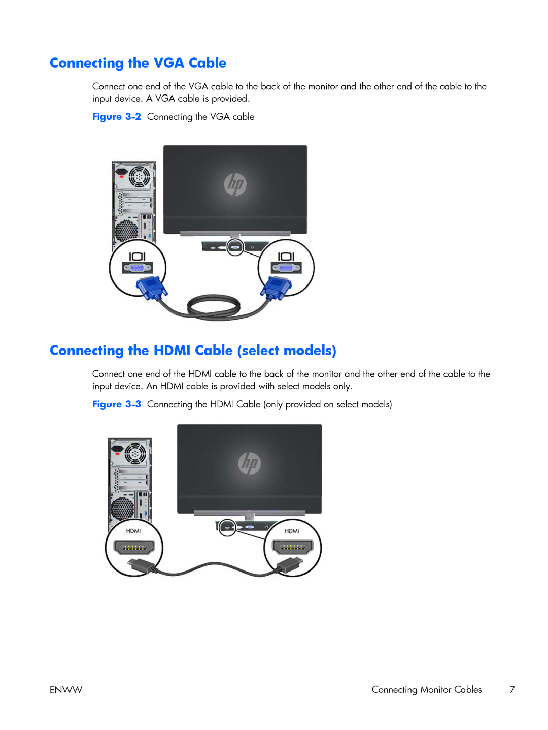 HP x2301 Diagonal Micro Thin manual Connecting the VGA Cable, Connecting the Hdmi Cable select models 