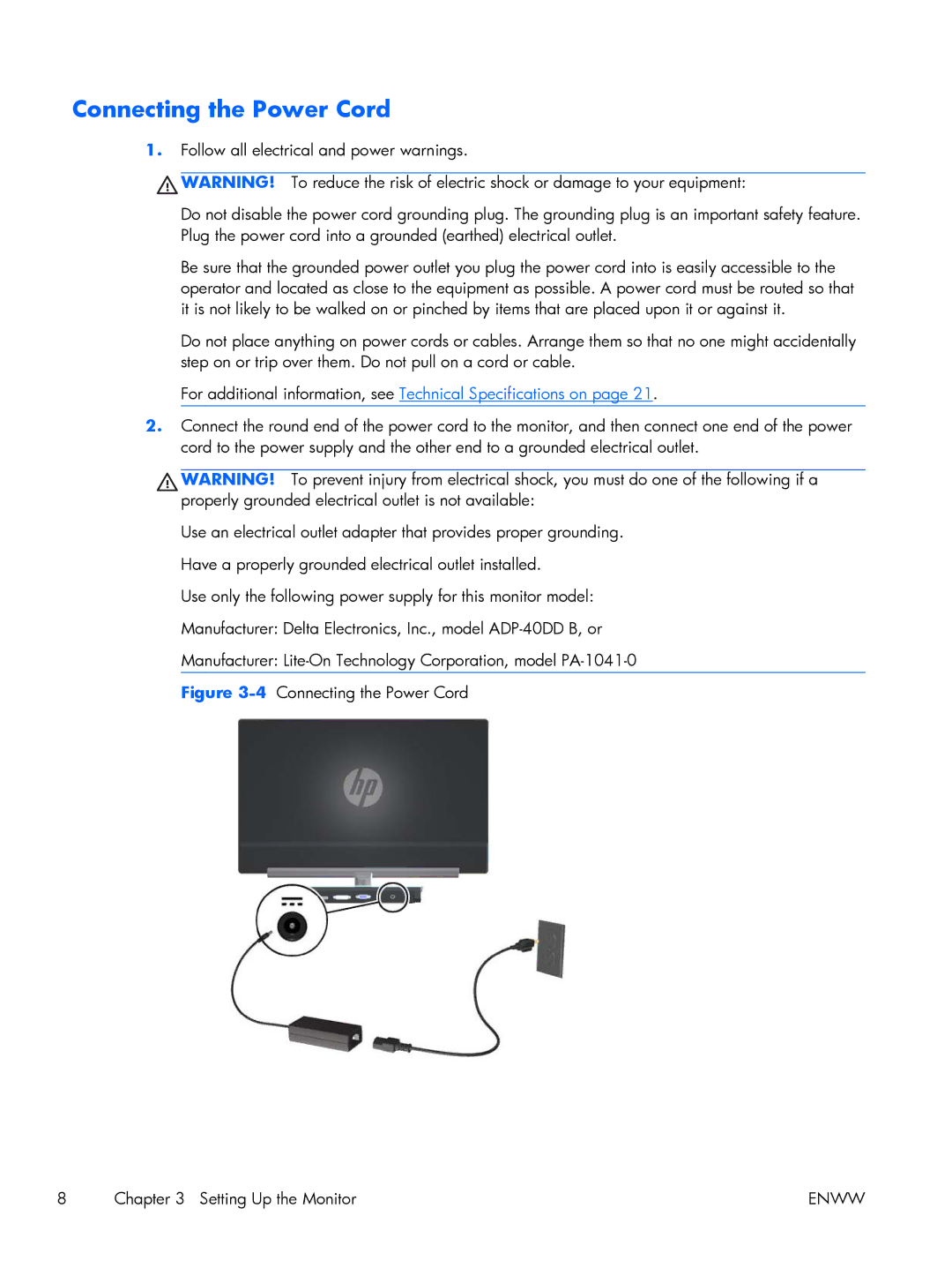 HP x2301 Diagonal Micro Thin manual Connecting the Power Cord, For additional information, see Technical Specifications on 