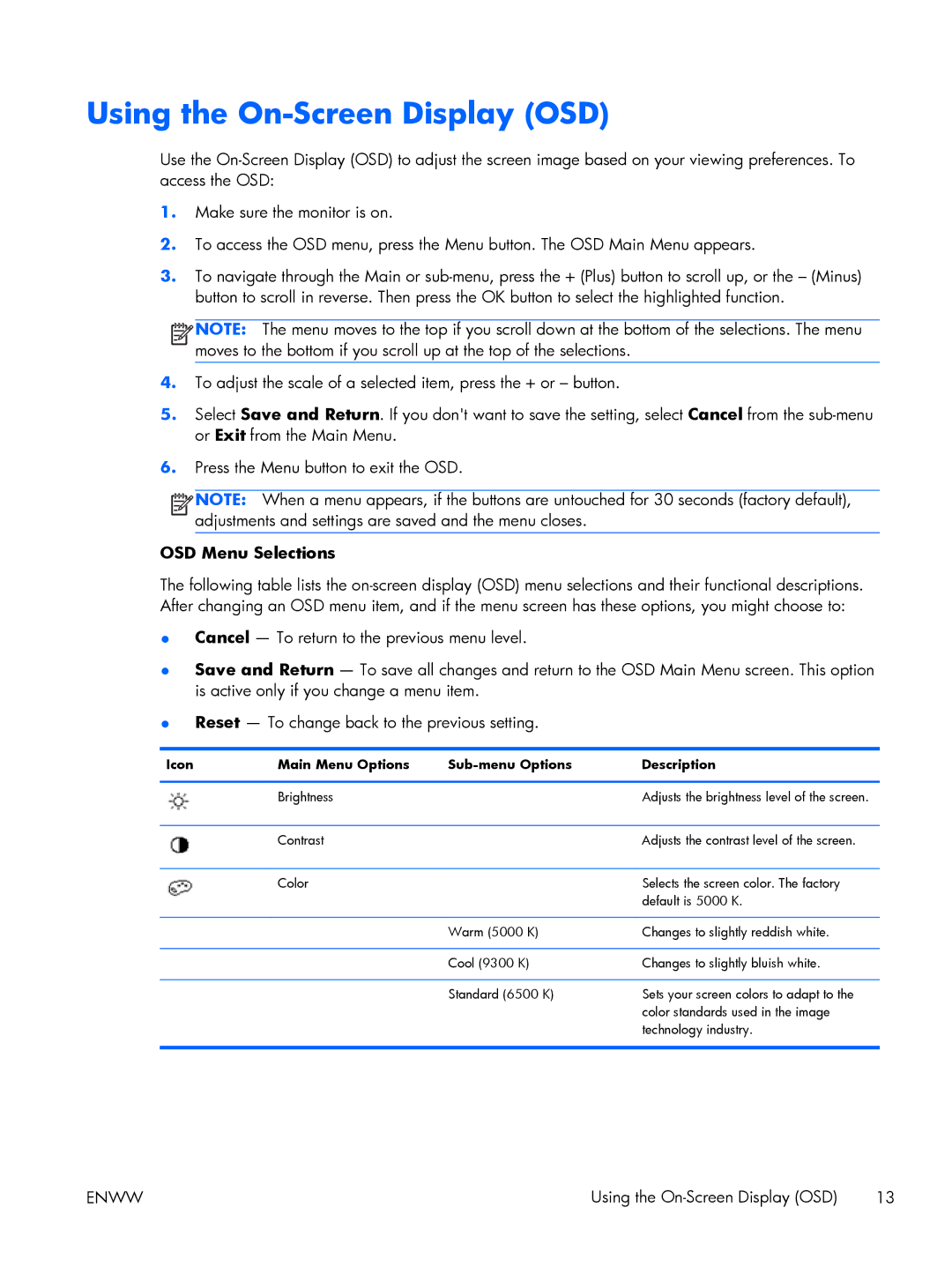 HP x2301 Diagonal Micro Thin manual Using the On-Screen Display OSD, OSD Menu Selections 