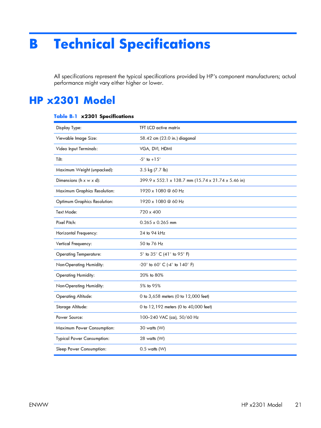 HP x2301 Diagonal Micro Thin manual Technical Specifications, HP x2301 Model 