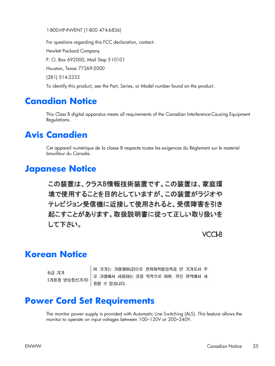 HP x2301 Diagonal Micro Thin Canadian Notice, Avis Canadien, Japanese Notice Korean Notice Power Cord Set Requirements 