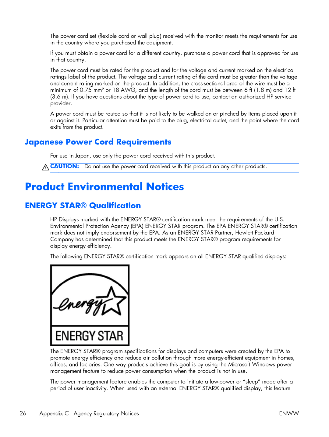 HP x2301 Diagonal Micro Thin Product Environmental Notices, Japanese Power Cord Requirements, Energy Star Qualification 