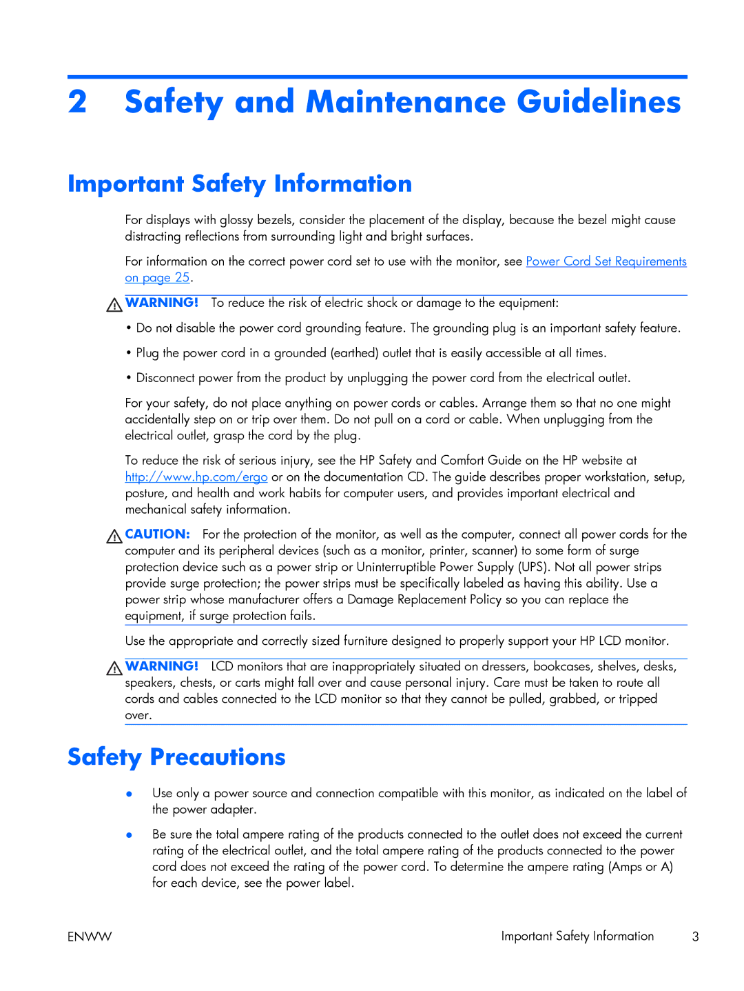 HP x2301 Diagonal Micro Thin manual Safety and Maintenance Guidelines, Important Safety Information, Safety Precautions 