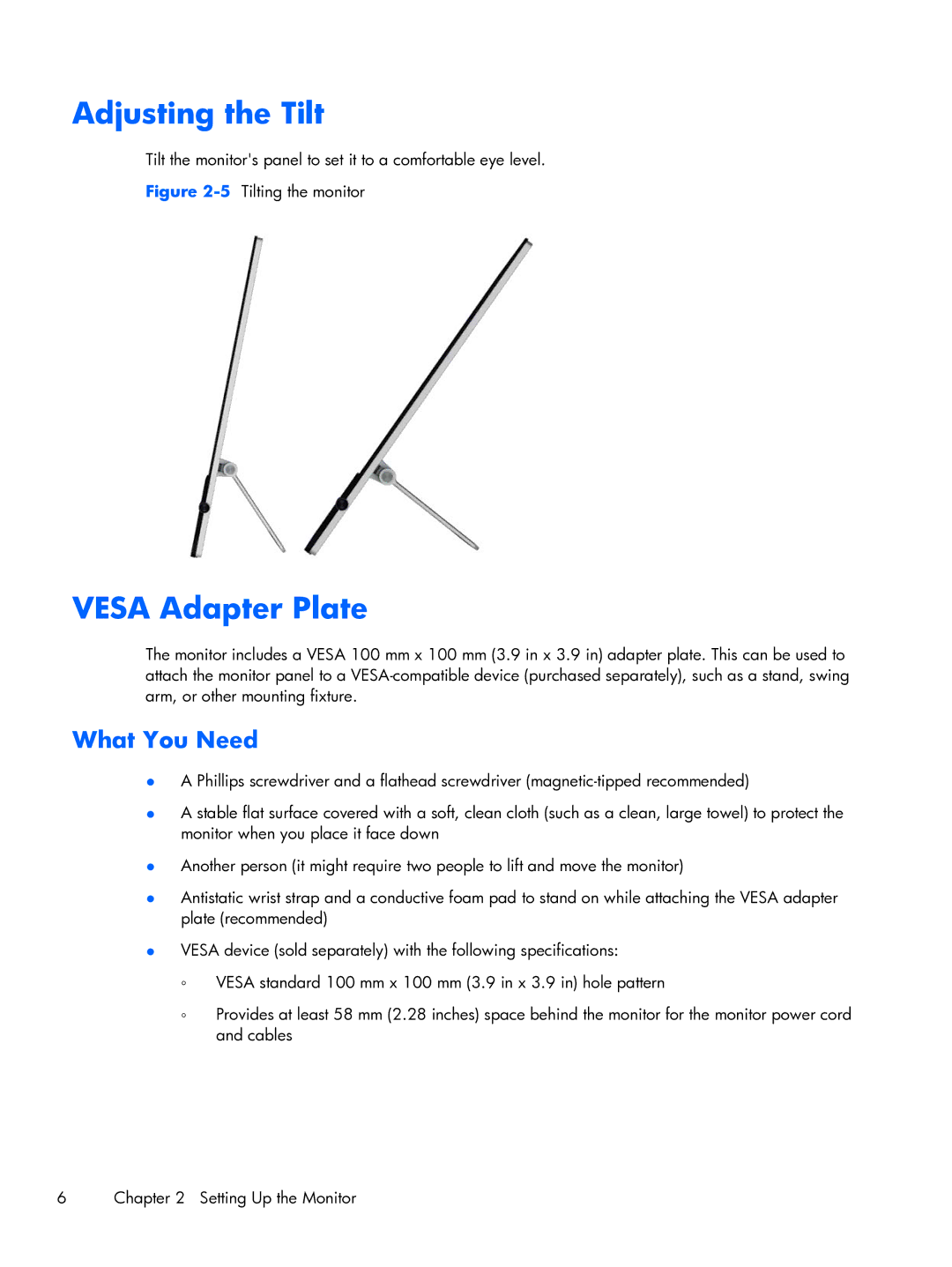 HP x2401 B6R49AS#ABA manual Adjusting the Tilt, Vesa Adapter Plate, What You Need 