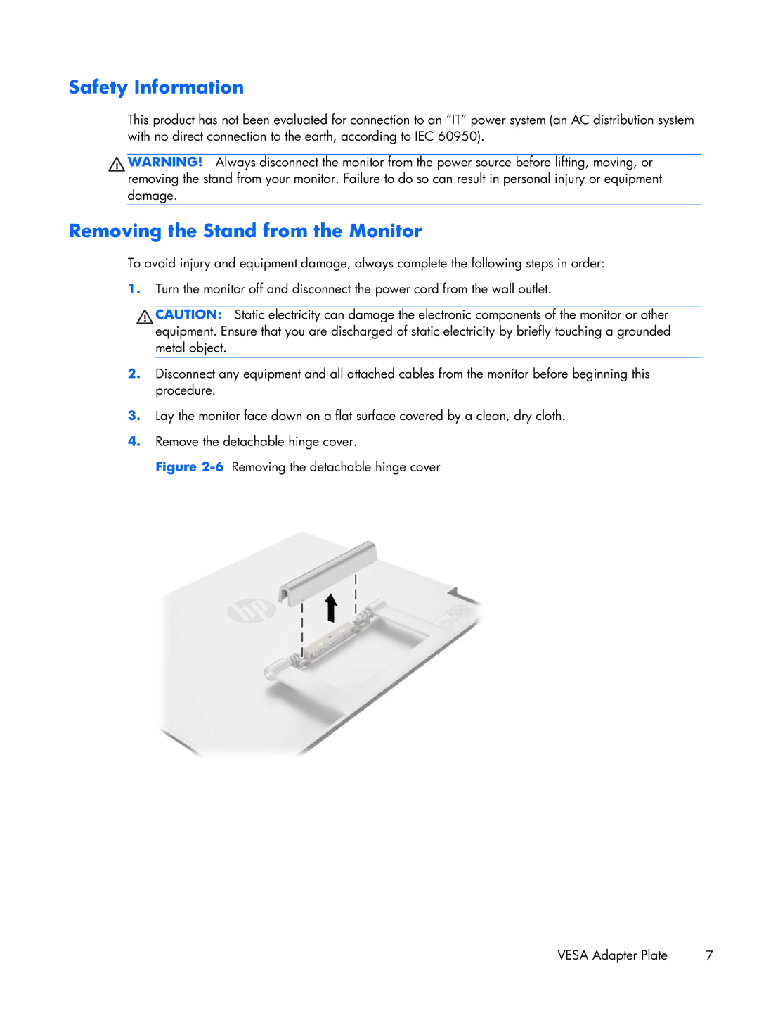 HP x2401 B6R49AS#ABA manual Safety Information, Removing the Stand from the Monitor 