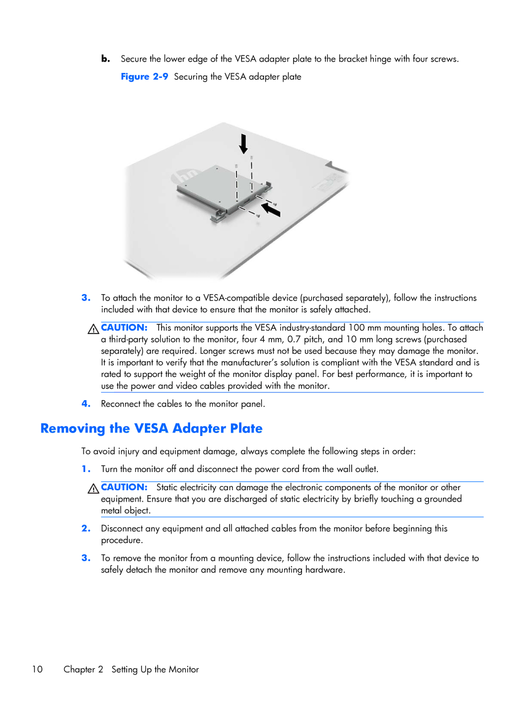 HP x2401 B6R49AS#ABA manual Removing the Vesa Adapter Plate 