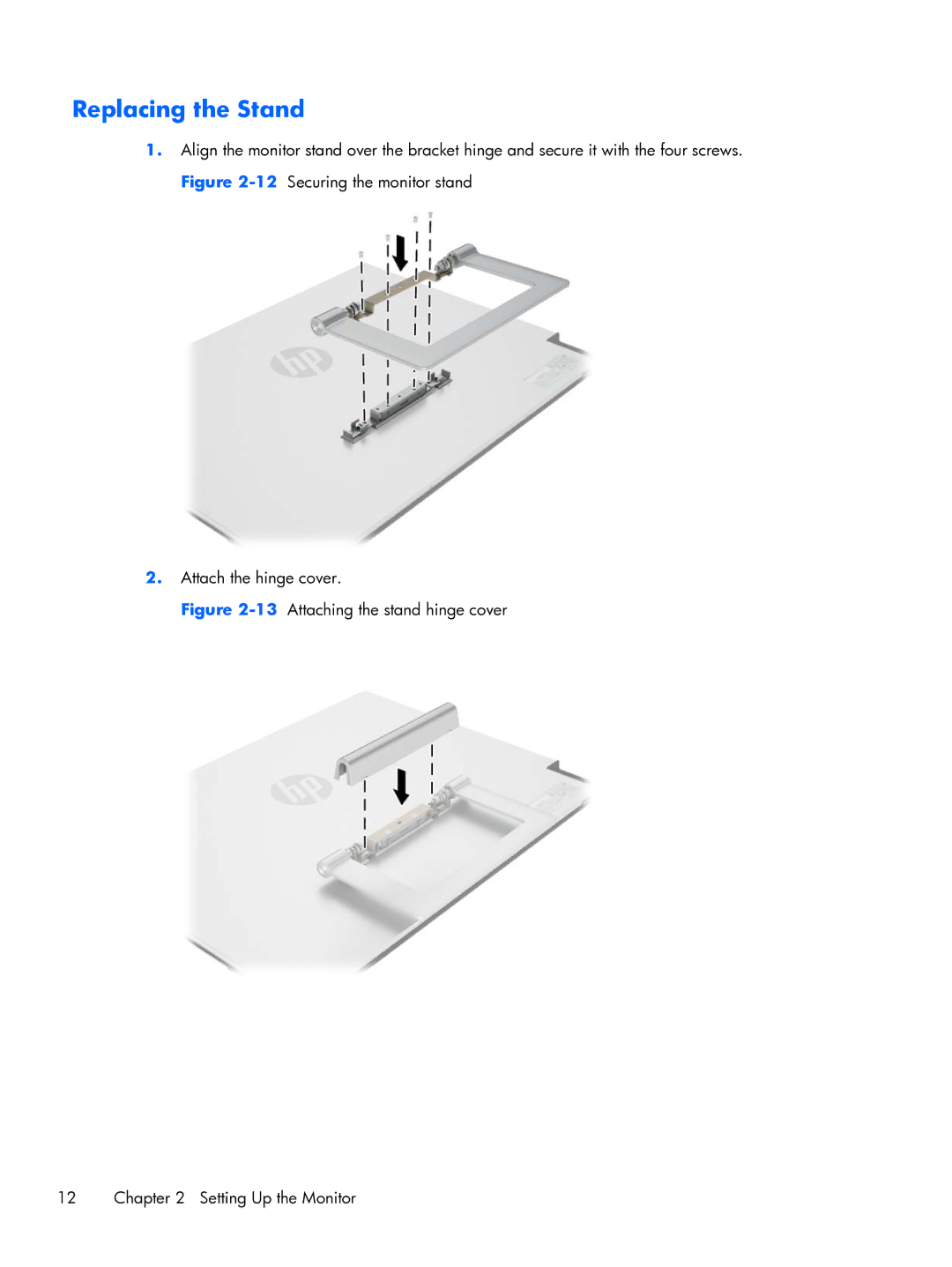 HP x2401 B6R49AS#ABA manual Replacing the Stand, 13Attaching the stand hinge cover Setting Up the Monitor 