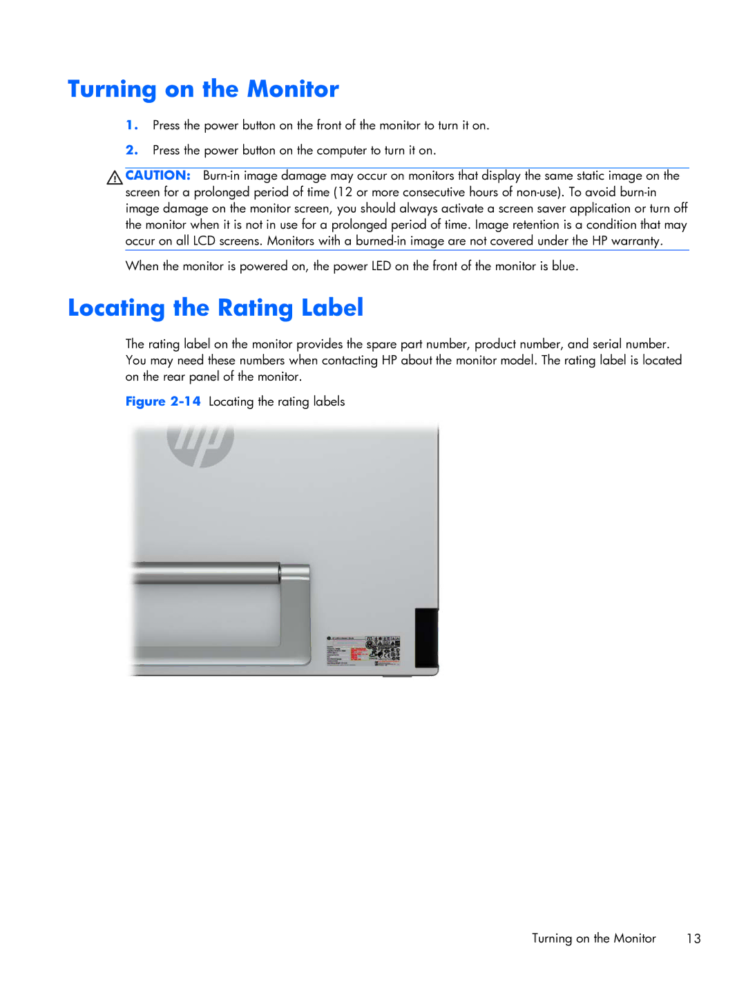 HP x2401 B6R49AS#ABA manual Turning on the Monitor, Locating the Rating Label 