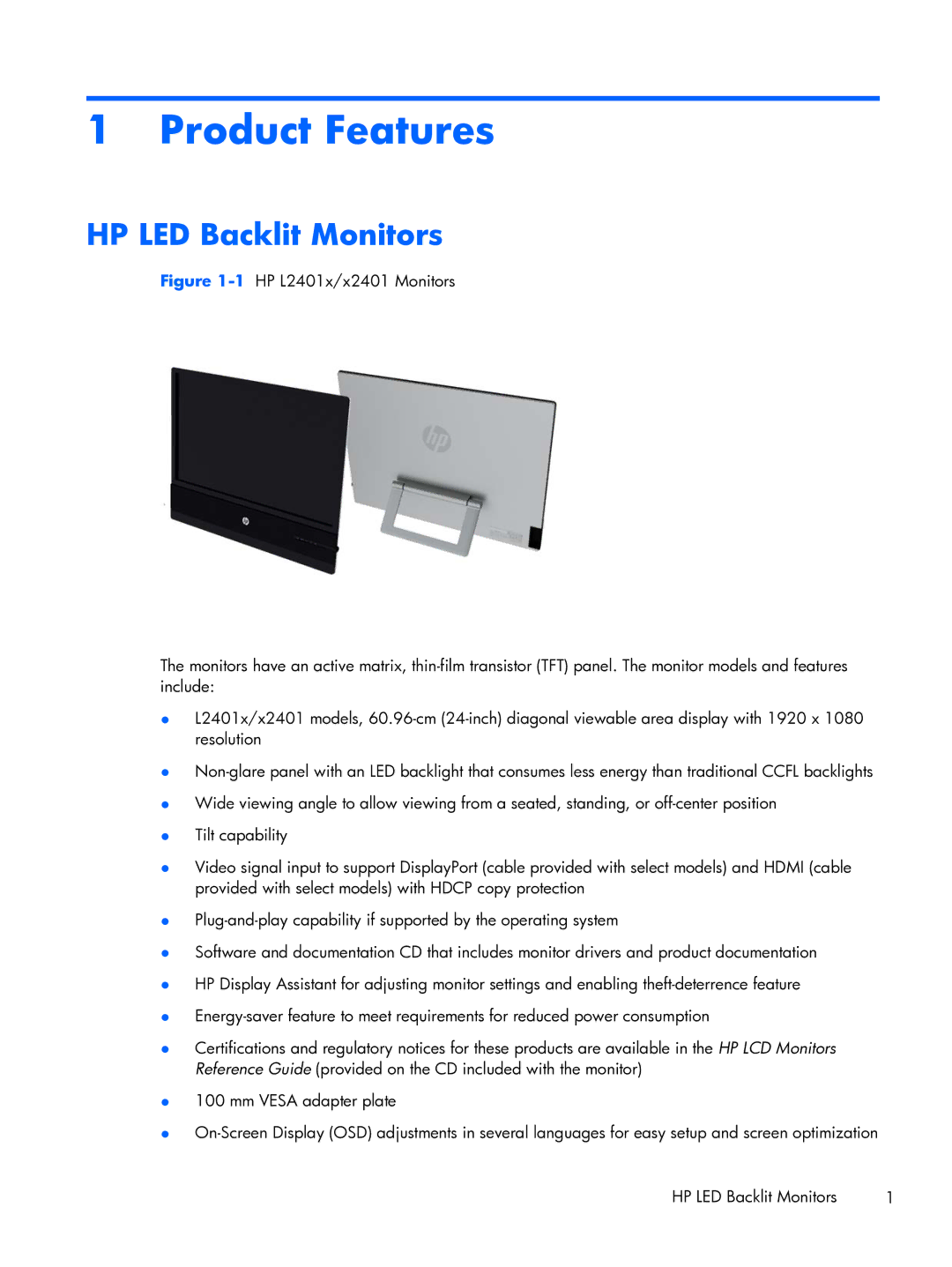 HP x2401 B6R49AS#ABA manual Product Features, HP LED Backlit Monitors 