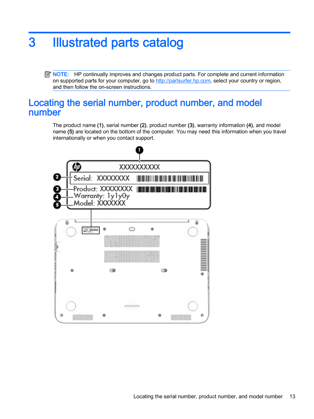 HP x360 - 13-a155cl manual Illustrated parts catalog, Locating the serial number, product number, and model number 