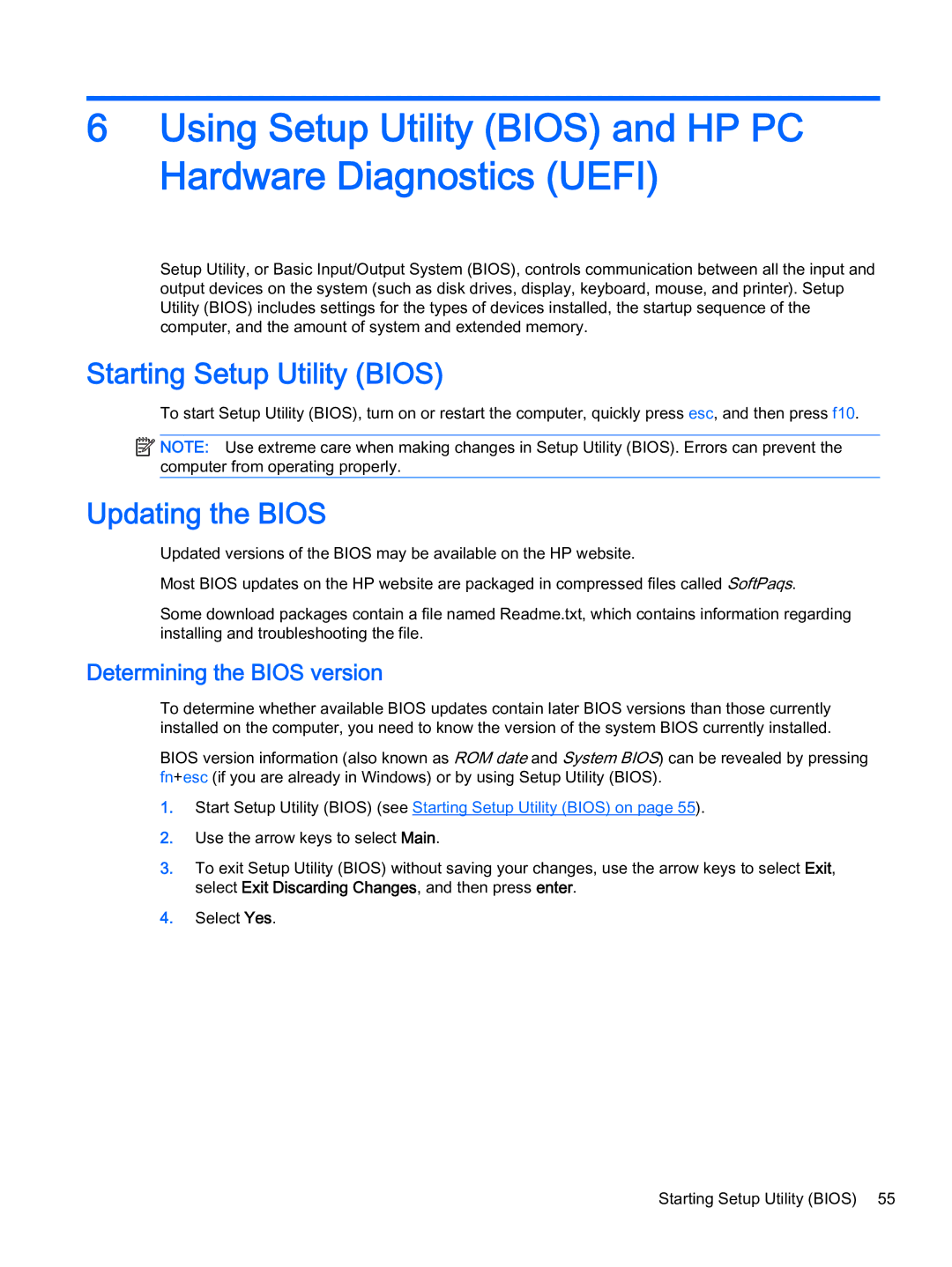 HP x360 - 13-a155cl, x360 - 13-a113cl manual Starting Setup Utility Bios, Updating the Bios, Determining the Bios version 