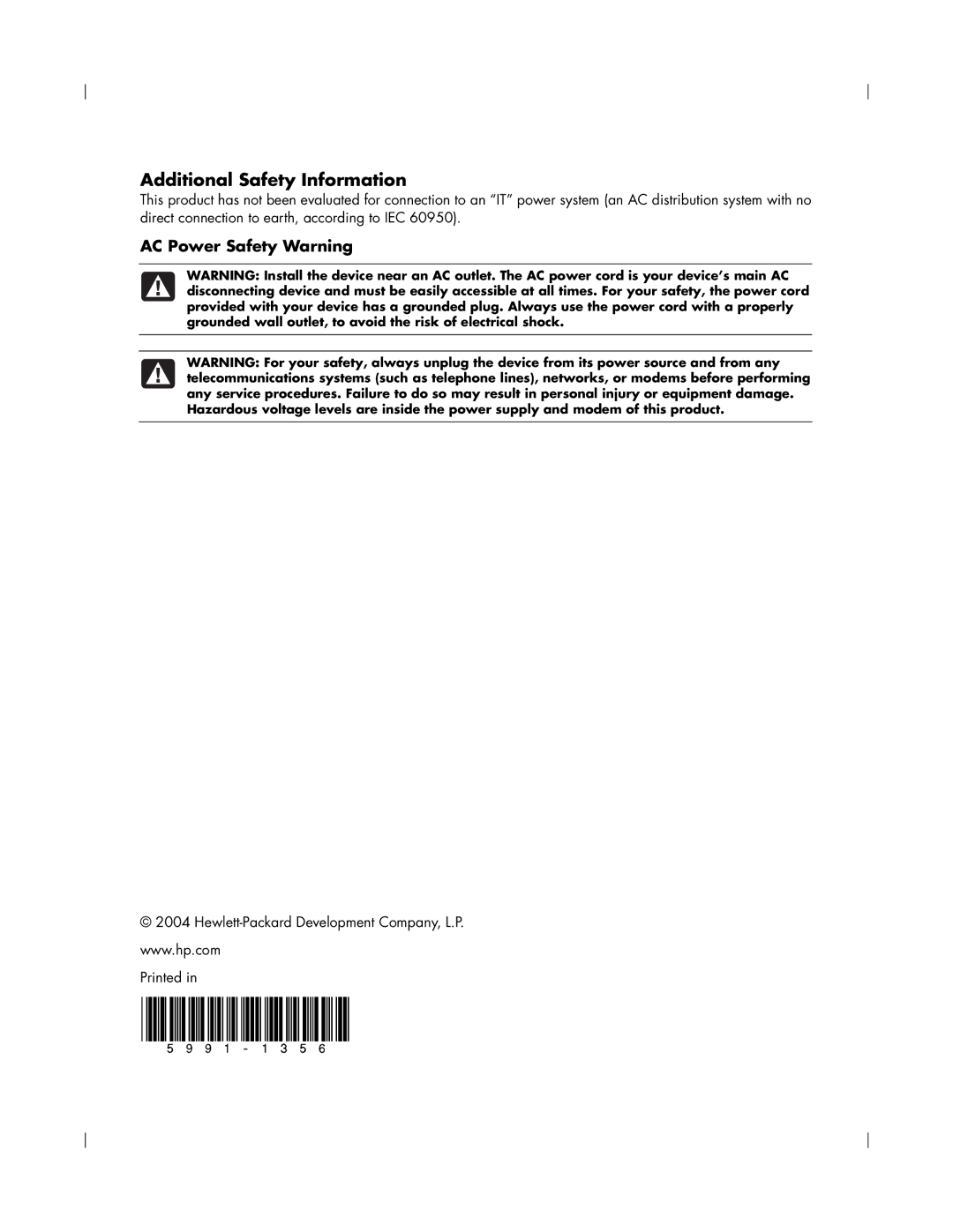 HP x5400 manual Additional Safety Information 