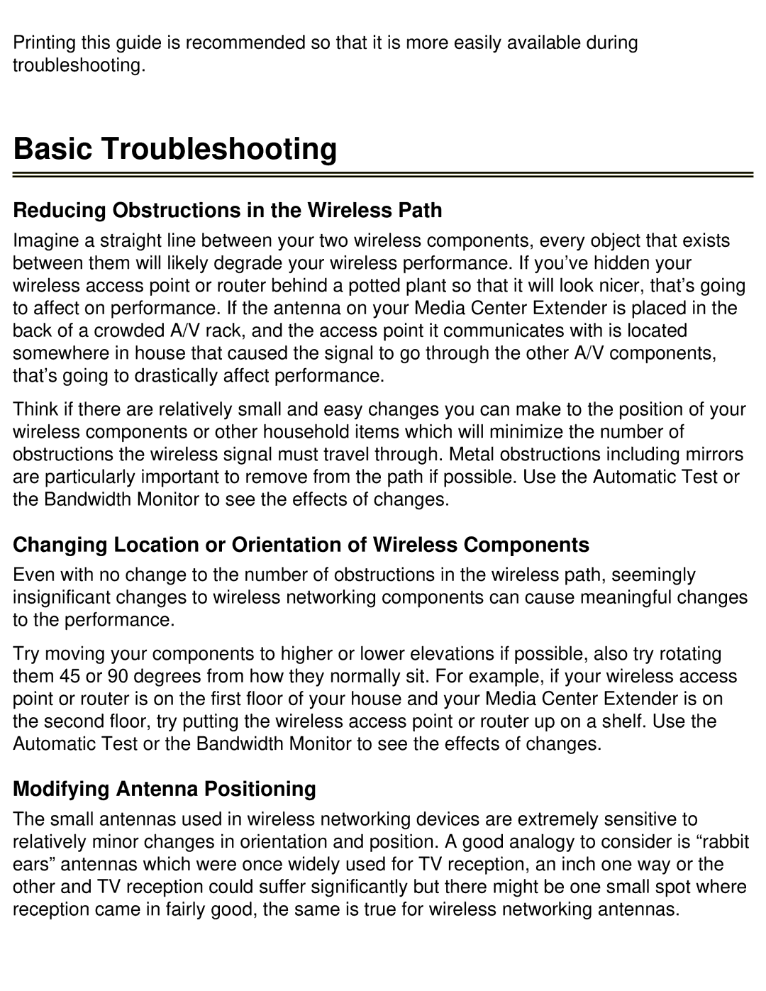 HP x5401 manual Basic Troubleshooting, Reducing Obstructions in the Wireless Path, Modifying Antenna Positioning 