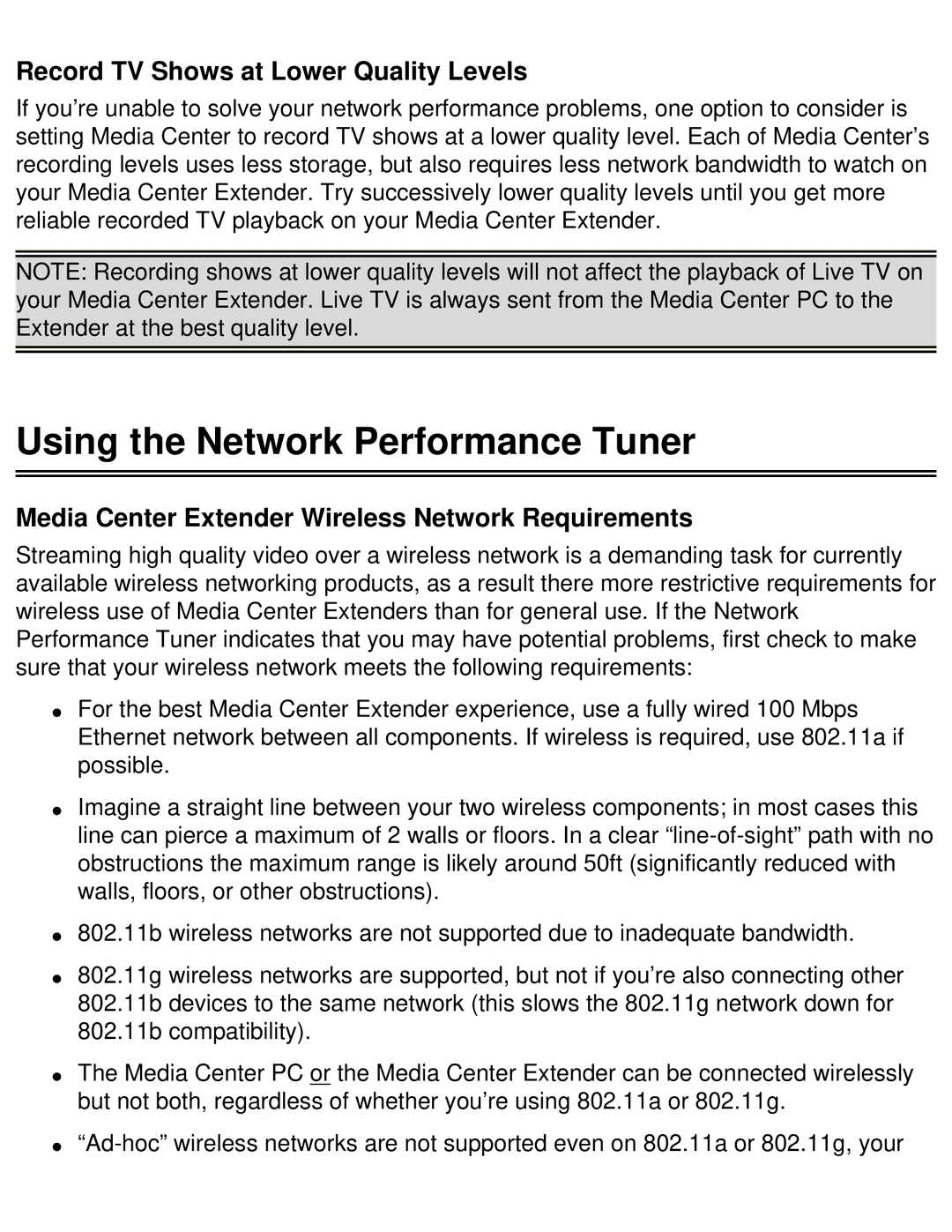 HP x5401 manual Using the Network Performance Tuner, Record TV Shows at Lower Quality Levels 