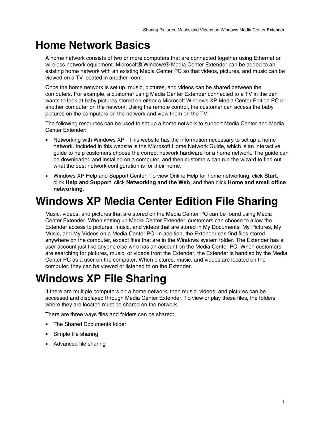 HP x5402 manual Home Network Basics, Windows XP Media Center Edition File Sharing, Windows XP File Sharing 