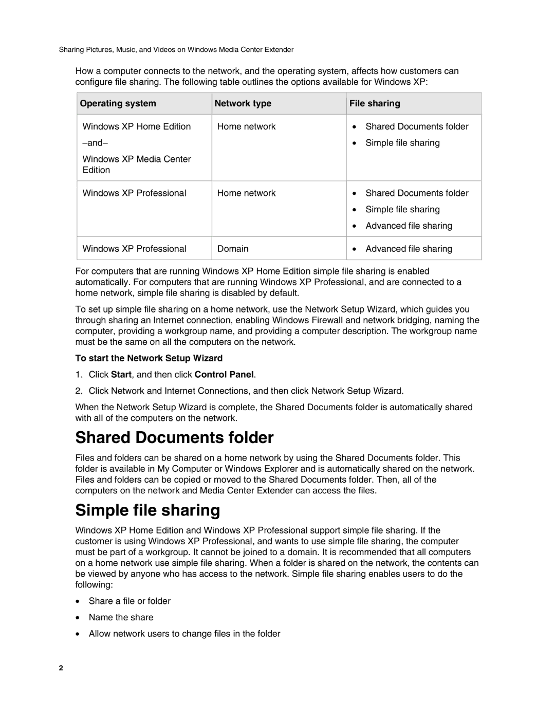 HP x5402 manual Shared Documents folder, Simple file sharing, Operating system Network type File sharing 