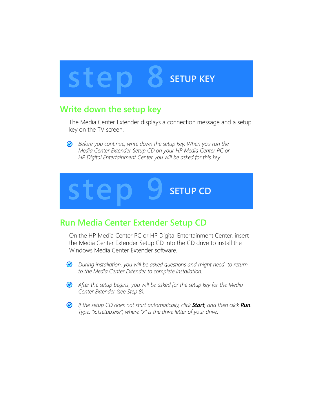 HP x5403 manual Setup KEY, Write down the setup key, Run Media Center Extender Setup CD 
