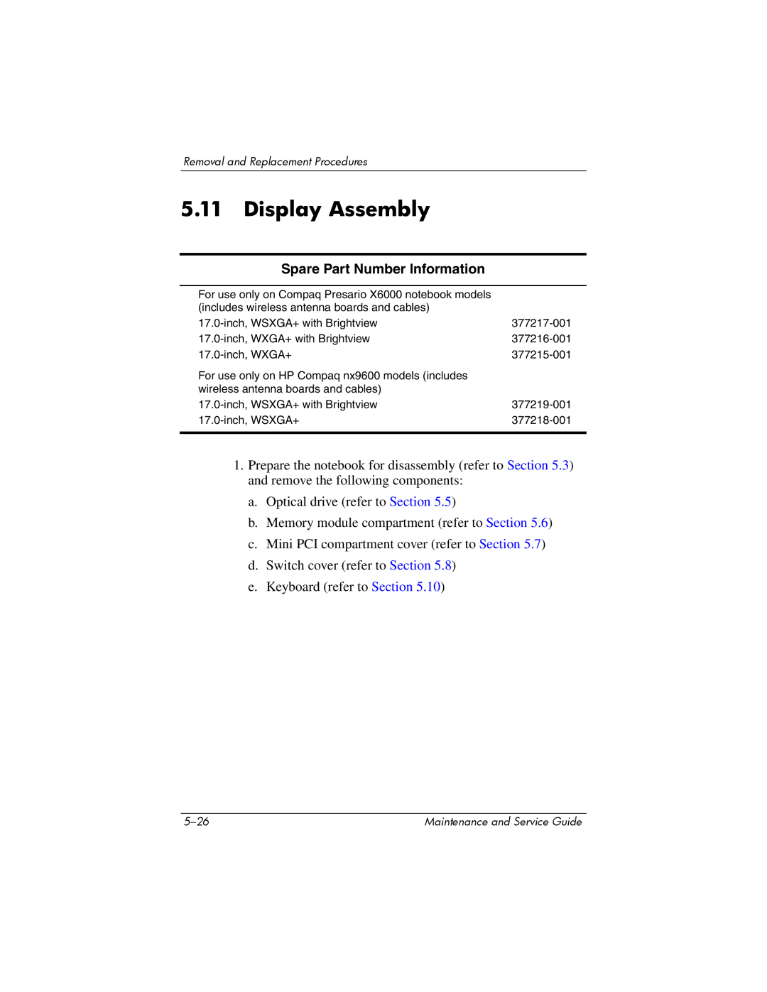 HP X6050US, X6125CL, X6100, X6050CA, X6001XX, X6002XX, X6000, X6003XX manual Display Assembly, Spare Part Number Information 