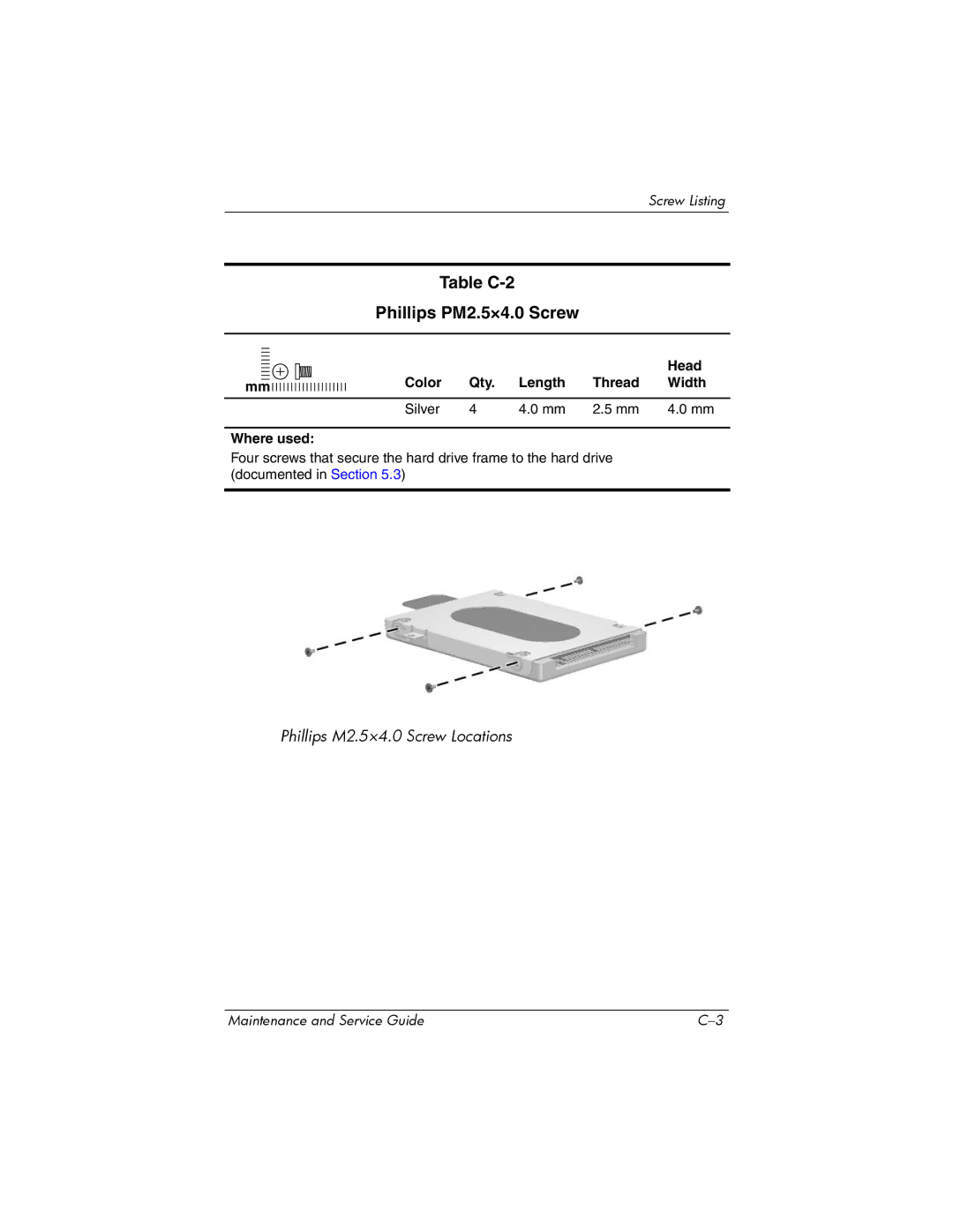 HP X6003XX, X6125CL, X6100, X6050US manual Table C-2 Phillips PM2.5×4.0 Screw, Color Qty Length Thread Width Silver Where used 