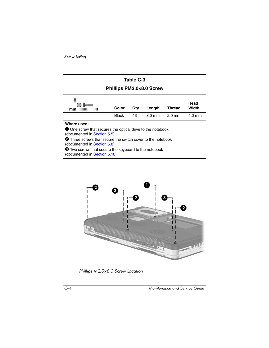 HP X6125CL, X6100, X6050US, X6050CA, X6001XX, X6002XX, X6000, X6003XX manual Table C-3 Phillips PM2.0×8.0 Screw 