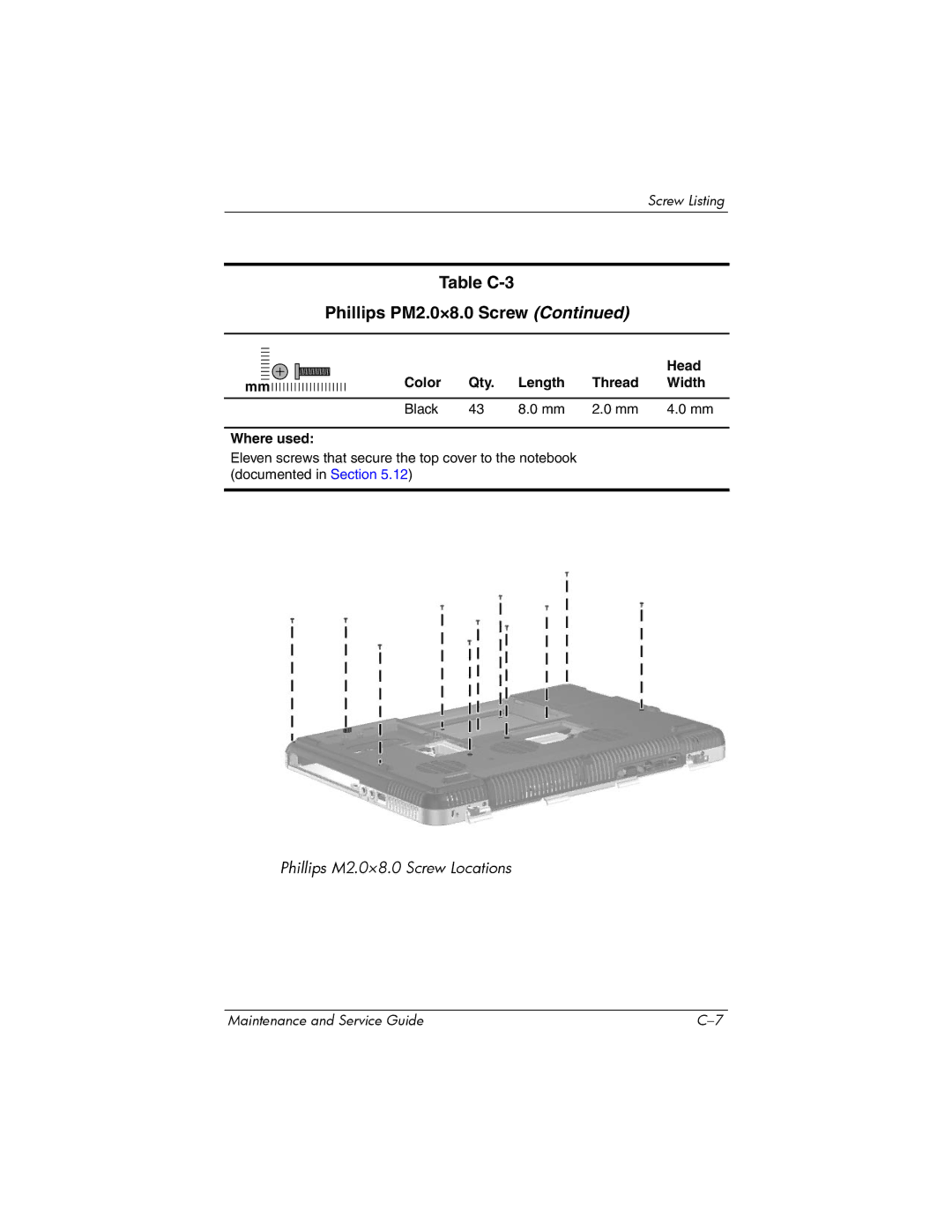 HP X6050CA, X6125CL, X6100, X6050US, X6001XX, X6002XX, X6000, X6003XX manual Table C-3 Phillips PM2.0×8.0 Screw 