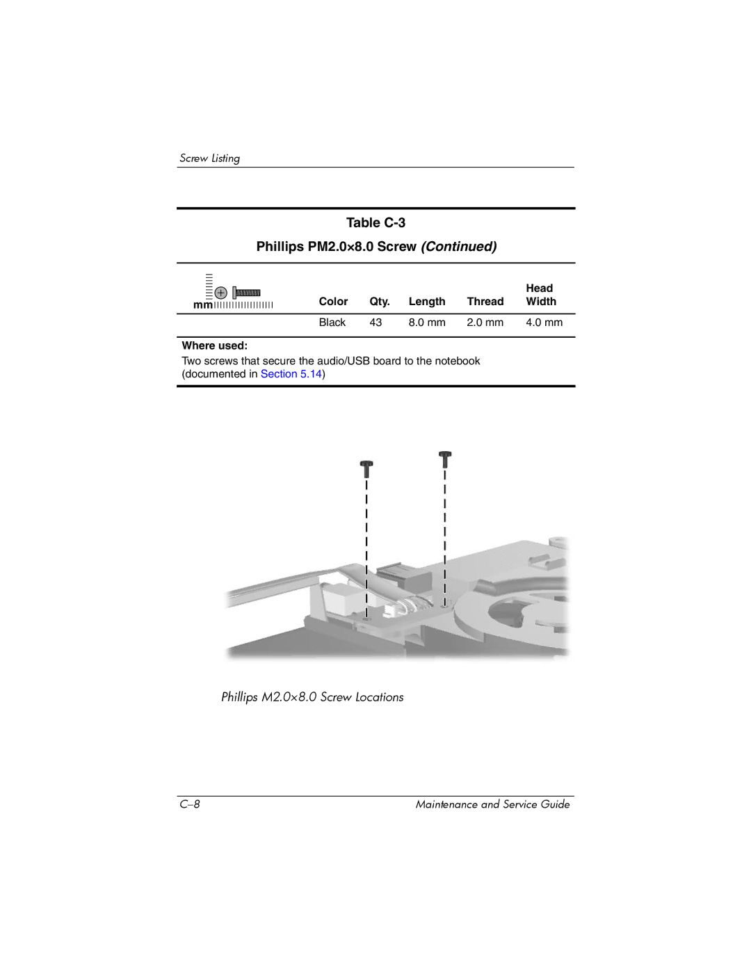 HP X6001XX, X6125CL, X6100, X6050US, X6050CA, X6002XX, X6000, X6003XX manual Table C-3 Phillips PM2.0×8.0 Screw 