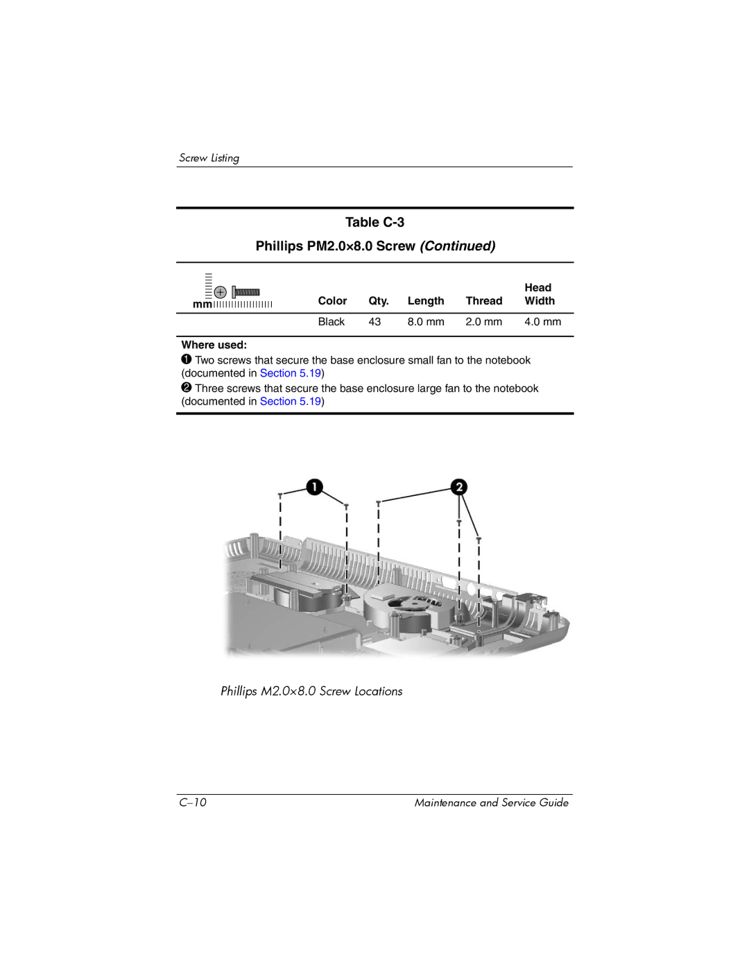 HP X6000, X6125CL, X6100, X6050US, X6050CA, X6001XX, X6002XX, X6003XX manual Table C-3 Phillips PM2.0×8.0 Screw 