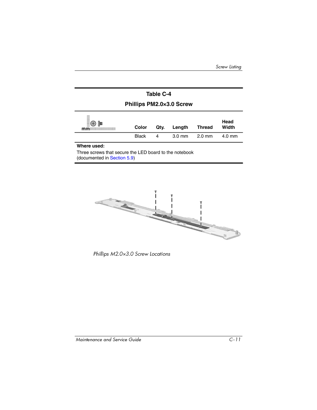 HP X6003XX, X6125CL, X6100, X6050US, X6050CA, X6001XX, X6002XX, X6000 manual Table C-4 Phillips PM2.0×3.0 Screw 