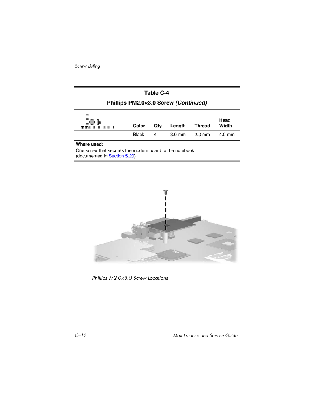 HP X6125CL, X6100, X6050US, X6050CA, X6001XX, X6002XX, X6000, X6003XX manual Table C-4 Phillips PM2.0×3.0 Screw 