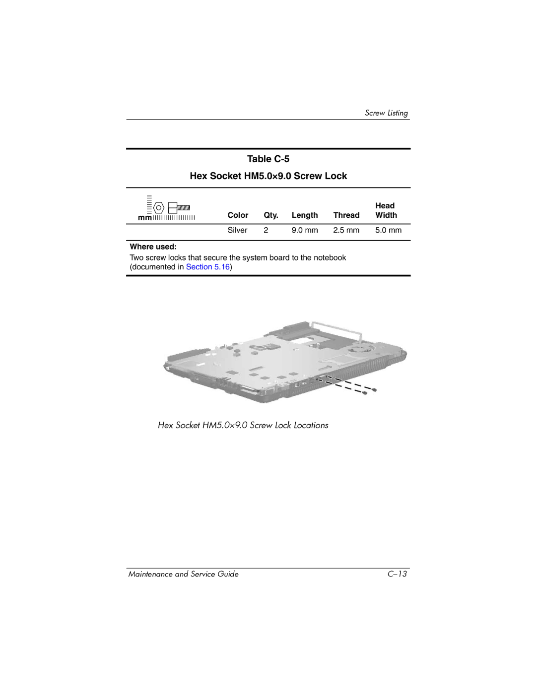 HP X6100, X6125CL, X6050US, X6050CA, X6001XX Table C-5 Hex Socket HM5.0×9.0 Screw Lock, Head Color Qty. Length Thread Width 