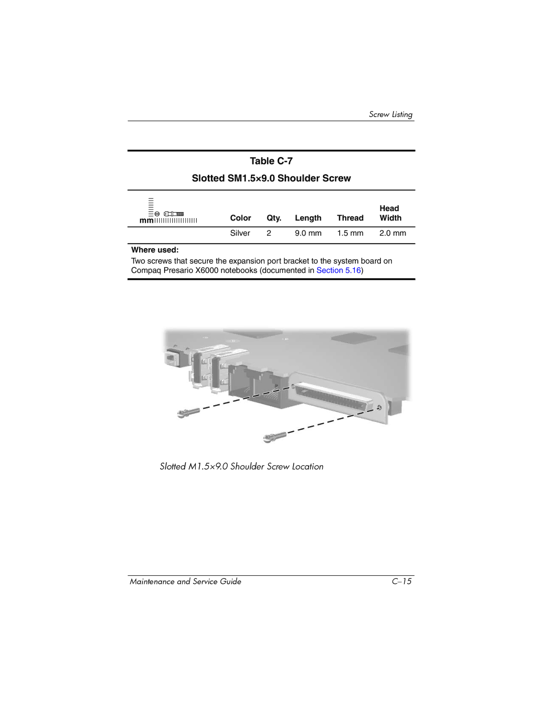 HP X6050CA, X6125CL, X6100, X6050US, X6001XX, X6002XX, X6000, X6003XX manual Table C-7 Slotted SM1.5×9.0 Shoulder Screw 