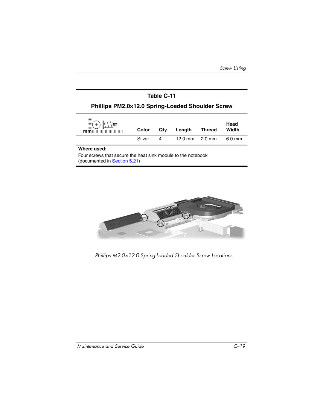 HP X6003XX, X6125CL, X6100, X6050US, X6050CA, X6001XX, X6002XX manual Table C-11 Phillips PM2.0×12.0 Spring-Loaded Shoulder Screw 