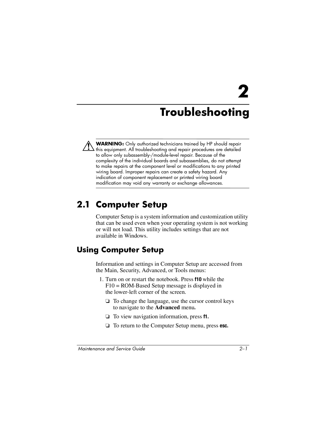 HP X6100, X6125CL, X6050US, X6050CA, X6001XX, X6002XX, X6000, X6003XX manual Troubleshooting, Computer Setup 