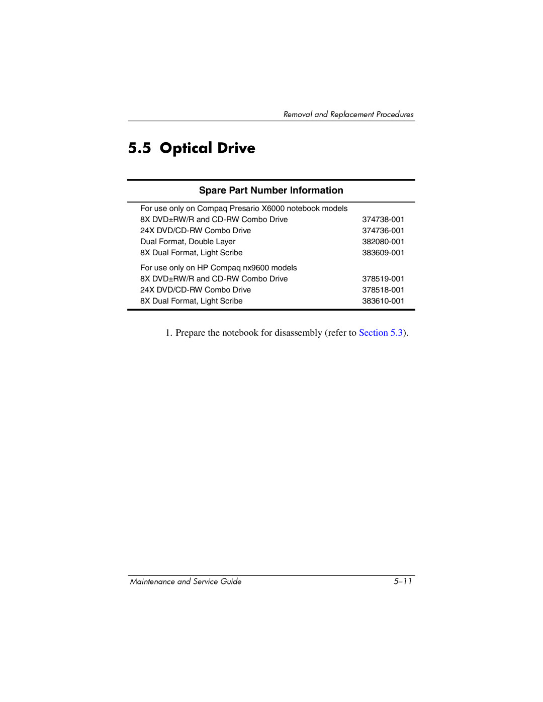 HP X6050CA, X6125CL, X6100, X6050US, X6001XX, X6002XX, X6000, X6003XX manual Optical Drive, Spare Part Number Information 