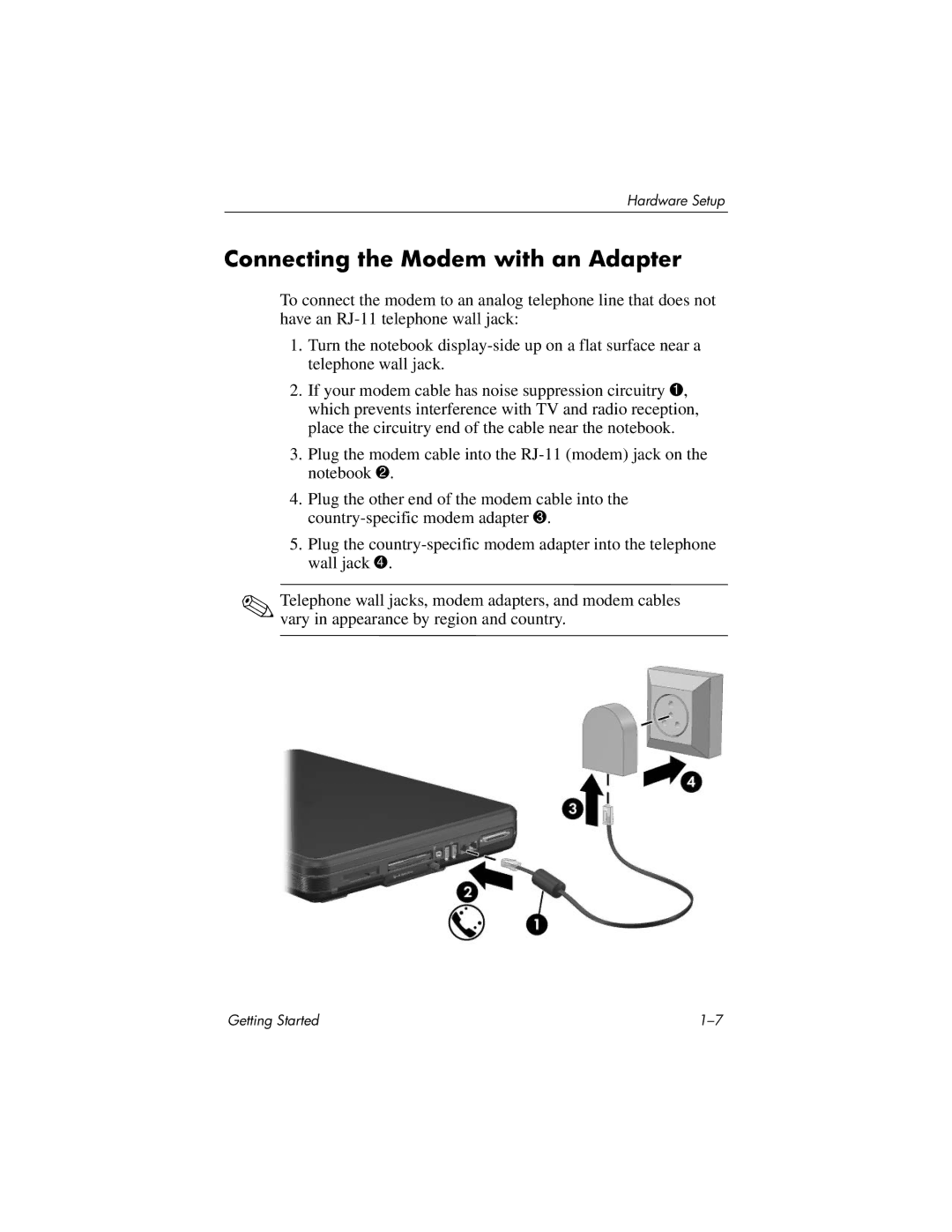 HP X6110US, X6125CL, X6050US, X6070US, X6105CL, X6050CA, X6001XX, X6002XX, X6000, X6003XX Connecting the Modem with an Adapter 