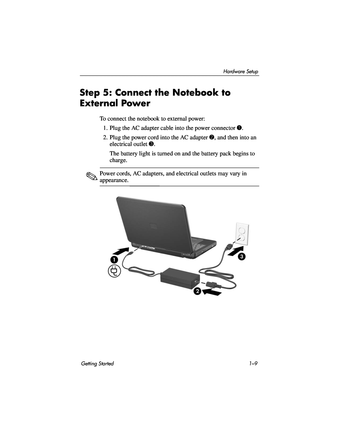 HP X6070US, X6125CL, X6110US, X6050US manual Connect the Notebook to External Power, To connect the notebook to external power 