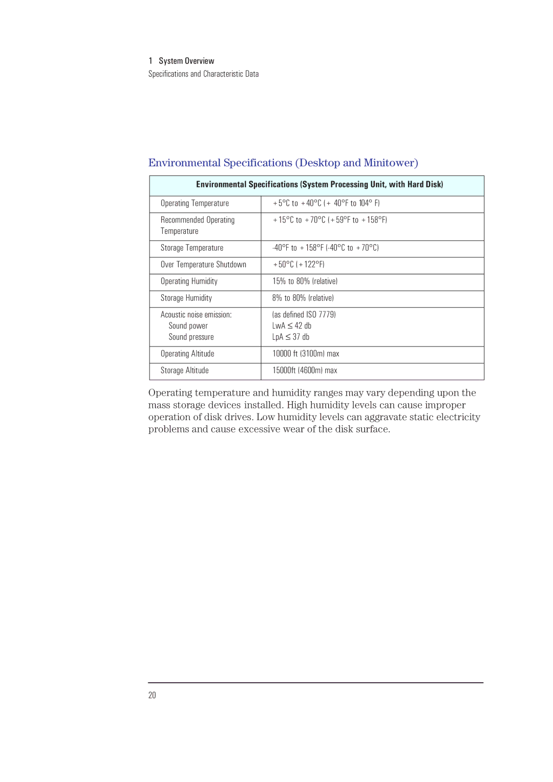 HP XA manual Environmental Specifications Desktop and Minitower 