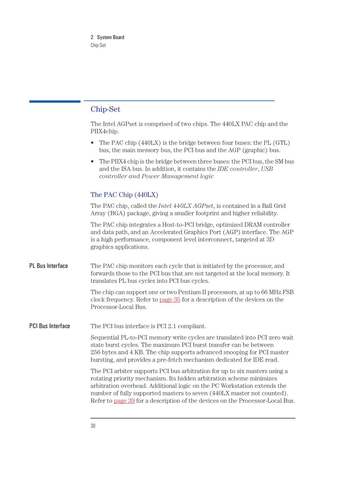 HP XA manual PAC Chip 440LX, PL Bus Interface, PCI Bus Interface, System Board Chip-Set 
